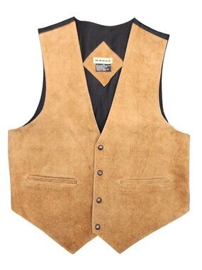Vintage Badge Suede Leather Western Cowboy Rodeo Vest Snaps Large Brown Black